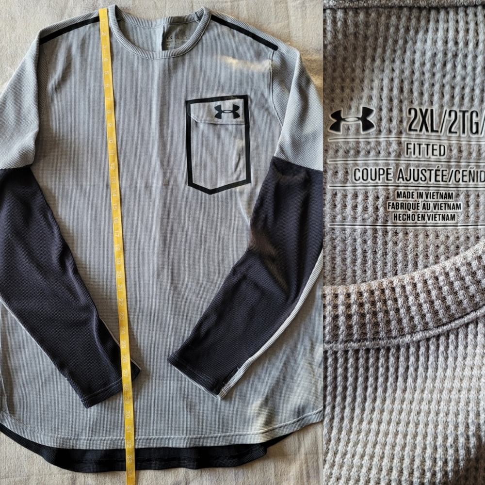Under Armour Gray and Black Waffle Color Block Long Sleeve 2XL Casual Tee